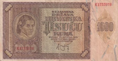 Croatie 1000 Kuna - jeune fille - montagnes - 1941 - Série K - TTB - P.4