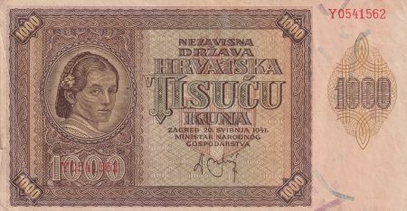 Croatie 1000 Kuna - jeune fille - montagnes - 1941 - Série Y - TTB - P.4