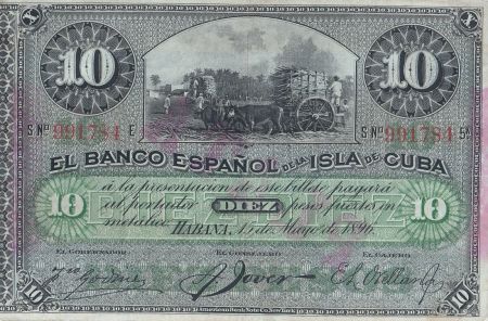 Cuba 10 Pesos 1896 - Récolte du sucre de canne Surchargé PLATA