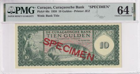 Curaçao 10 Gulden - Femme assise, port - 1958 - Spécimen - PMG 64 EPQ - P.46s