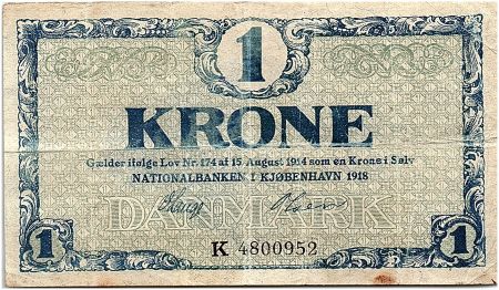 Danemark 1 Krone 1918 - TB - Série  K - P.12.d