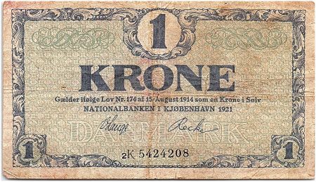 Danemark 1 Krone 1921 - TTB - Série 2K - P.12.g