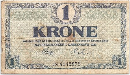 Danemark 1 Krone 1921 - TTB - Série 2N - P.12.g
