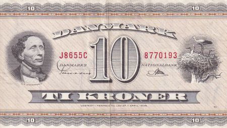 Danemark 10 Kroner - Hans Christian Andersen - Cigognes - 1965 - Série J8 - P.44y