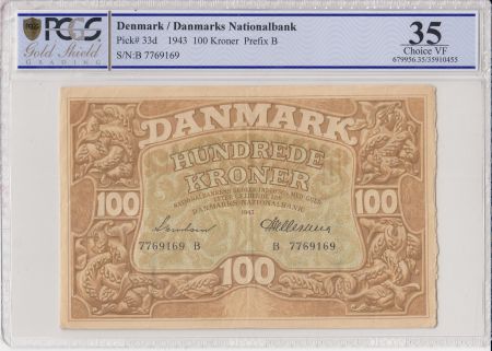 Danemark 100 Kroner 1943 - Dauphins Stylisés -1943 - PCGS VF 35