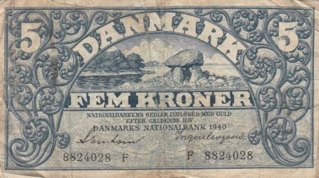 Danemark 5 Kronen 1940 - Paysage, Armoiries - Série F, rare