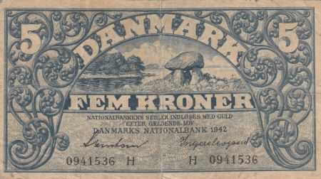 Danemark 5 Kronen 1942 - Paysage, Armoiries - Série H