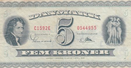 Danemark 5 Kronen 1959 - B.Thorvaldsen, Ville de Kalundborg - Série C1 3ème ex