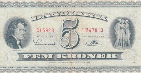 Danemark 5 Kronen 1959 - B.Thorvaldsen, Ville de Kalundborg - Série C1 4ème ex
