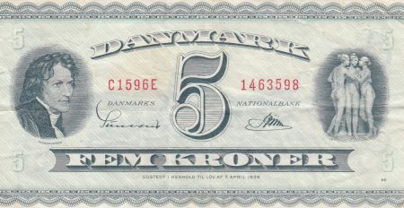 Danemark 5 Kronen 1959 - B.Thorvaldsen, Ville de Kalundborg - Série C1 5ème ex
