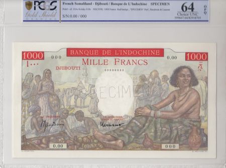 Djibouti 1000 Francs Femme assise - Spécimen - 1938 PCGS 64 OPQ