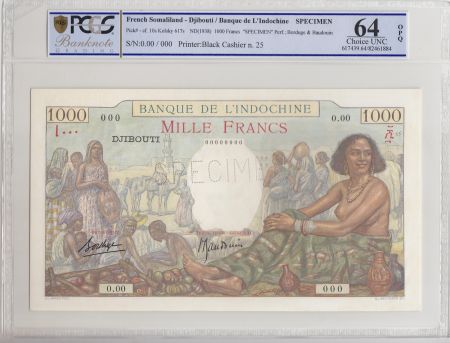 Djibouti 1000 Francs scène de marché ND1938 - PCGS MS 64 Spécimen