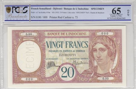 Djibouti 20 Francs au Paon ND (1932) - PCGS 65 UNC OPQ
