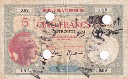 Djibouti 5 Francs - Walhain surchargé «FC» & annulé - 1943 - Série Q.69 - TB - Kol.624