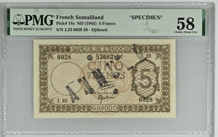 Djibouti 5 Francs Impr. Palestine - 1945 Spécimen J.23 - PMG 58
