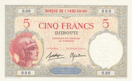 Djibouti 5 Francs Walhain - 1938 Spécimen 0.00 - Neuf