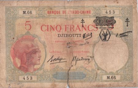 Djibouti 5 Francs Walhain surchargé «FC» -1943