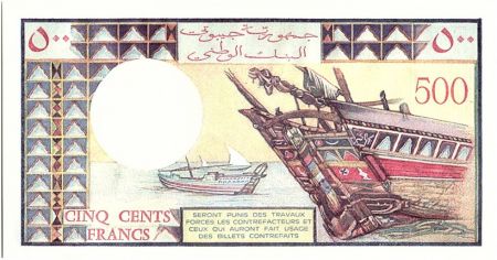 Djibouti 500 Francs ND1979 - Homme, bord de mer, oiseaux, bateaux