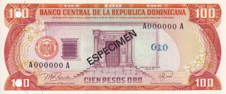 Dominicaine Rép. 100 Peso de Oro - Spécimen - Maison de la monnaie - Banque centrale - 1978 - NEUF - P.122s1