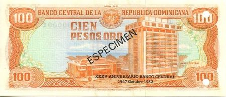 Dominicaine Rép. 100 Pesos Oro Oro, 25 ans de la Banque Centrale