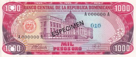 Dominicaine Rép. 1000 Peso de Oro - Spécimen - Palace national - Alcazar de Colon - 1978 - NEUF - P.124s1