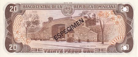 Dominicaine Rép. 20 Peso de Oro - Spécimen - Altar de la patria - Puerta del Conde - 1978 - NEUF - P.120s1