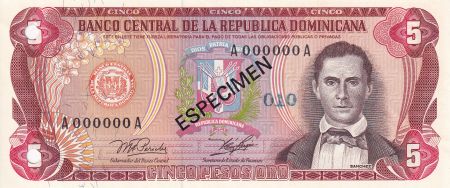 Dominicaine Rép. 5 Peso de Oro - Spécimen -  Sanchez - Barrage - 1978 - NEUF - P.118s1