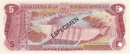 Dominicaine Rép. 5 Peso de Oro - Spécimen -  Sanchez - Barrage - 1978 - NEUF - P.118s1