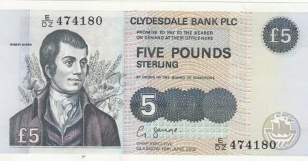 Ecosse 5 Pounds Clydesdale Bank Limited 2002 - R. Burns - NEUF - P.218
