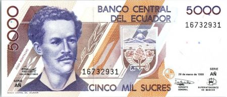 Equateur 5000 Sucres Juan Montalvo - Tortue - Oiseaux - 1999