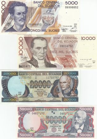 Equateur Série 4 billets : 5000 à 50000 Sucres - 1999