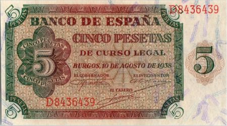 Espagne  5 Pesetas - Burgos - 1938