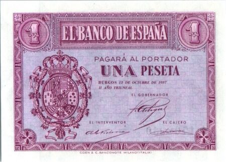 Espagne 1 Peseta - Armoirie - Burgos - 1937
