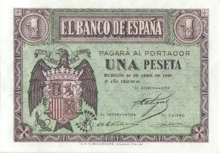 Espagne 1 Peseta Armoiries - 30/04/1938