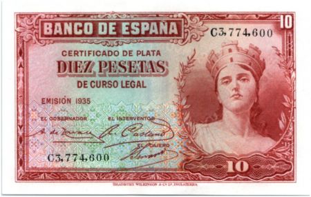 Espagne 10 Pesetas Femme - 1935