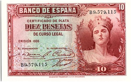 Espagne 10 Pesetas Portrait de femme - 1935 - Série B - P.neuf - P.86