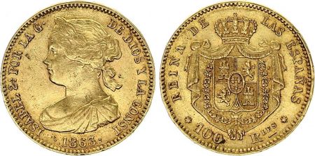 Espagne 100 Reales Isabelle II - Armoiries - 1863 - Séville - Or