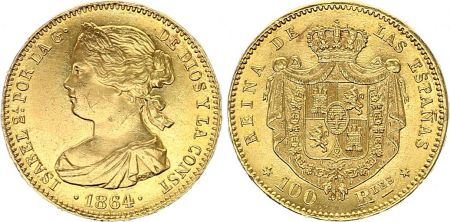 Espagne 100 Reales Isabelle II - Armoiries - 1864 - Madrid - Or