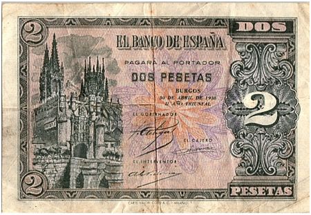 Espagne 2 Pesetas,  Cathédrale de Burgos  - 1938 - TB  - P.109