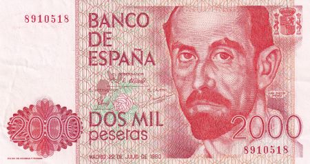 Espagne 2000 Pesetas - Juan Ramon Jimenez  - 1980 - Sans série - P.159