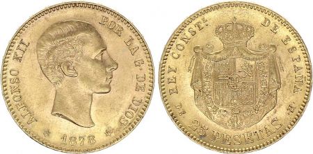 Espagne 25 Pesetas Alfonse XII - Armoiries - 1878