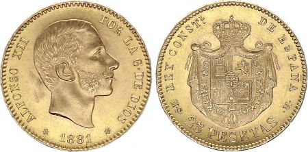 Espagne 25 Pesetas Alfonse XII - Armoiries - 1881