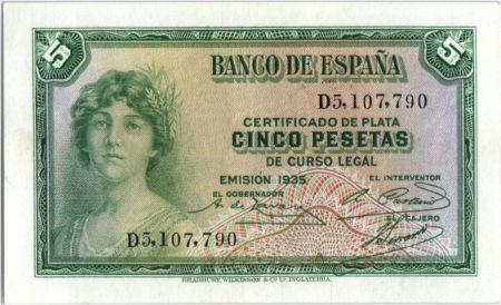 Espagne 5 Pesetas  - Portrait de femme - 1935