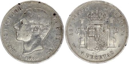 Espagne 5 Pesetas,  Alfonso XII - 1885 - M SM - Argent
