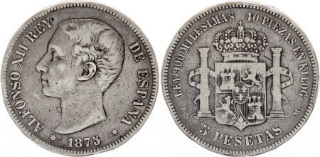 Espagne 5 Pesetas - Alfonso XII - Armoiries - 1875 - Argent - KM.671