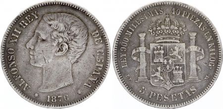 Espagne 5 Pesetas - Alfonso XII - Armoiries - 1876 - Argent - KM.671