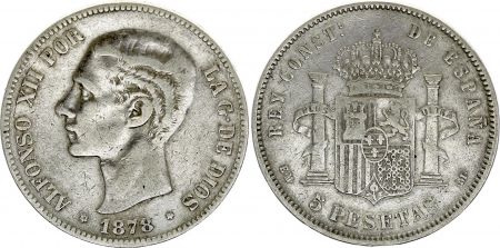 Espagne 5 Pesetas,  Alfonso XII - Armoiries - 1878 (78) EM-M
