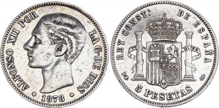 Espagne 5 Pesetas,  Alfonso XII - Armoiries -1878 - Argent - KM.671 - TTB