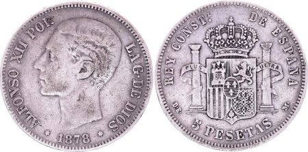 Espagne 5 Pesetas,  Alfonso XII - Armoiries -1878 (78) - Argent - KM.671 - TTB