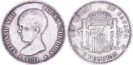 Espagne 5 Pesetas,  Alfonso XIII - Armoiries -1891 (91)